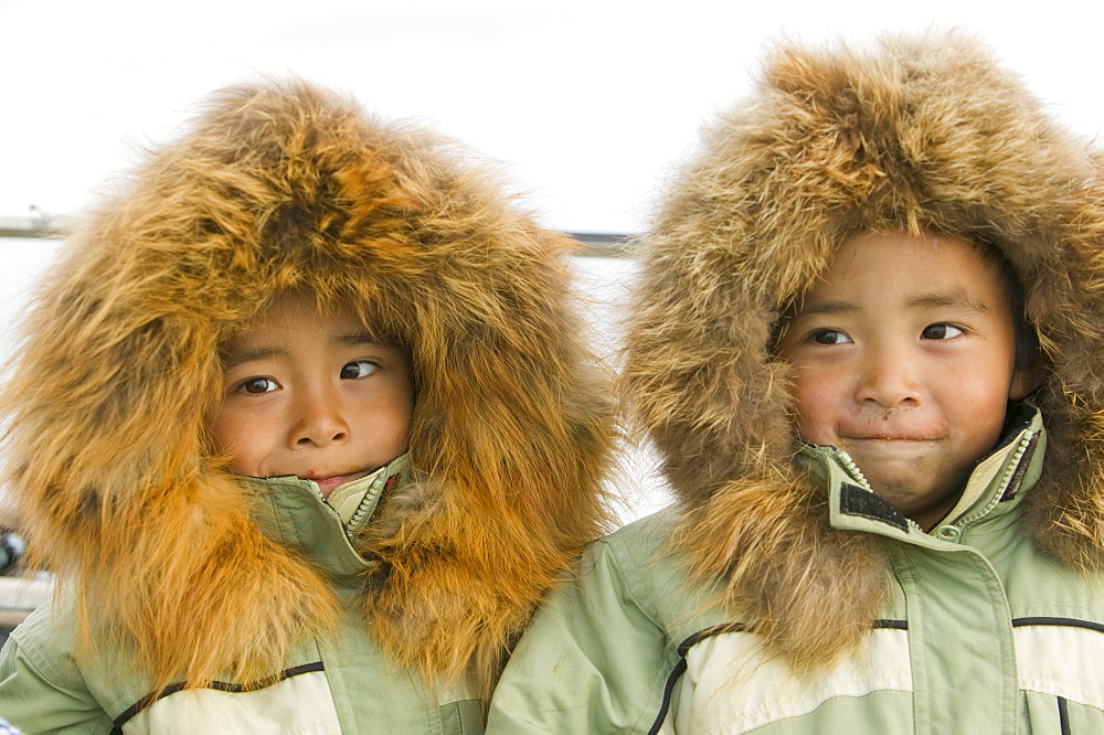 Richard and Jeffrey Tokeinna, Inuit twins, on Shishmaref, a tiny island inhabited by around 600 Inuits, between Alaska and Siberia in the Chukchi Sea, United States of America, North America