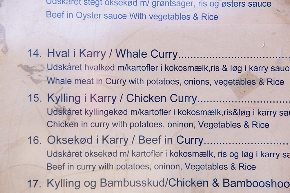 A menu for a Chinese restaurant including whale curry, Ilulissat, Greenland, Polar Regions