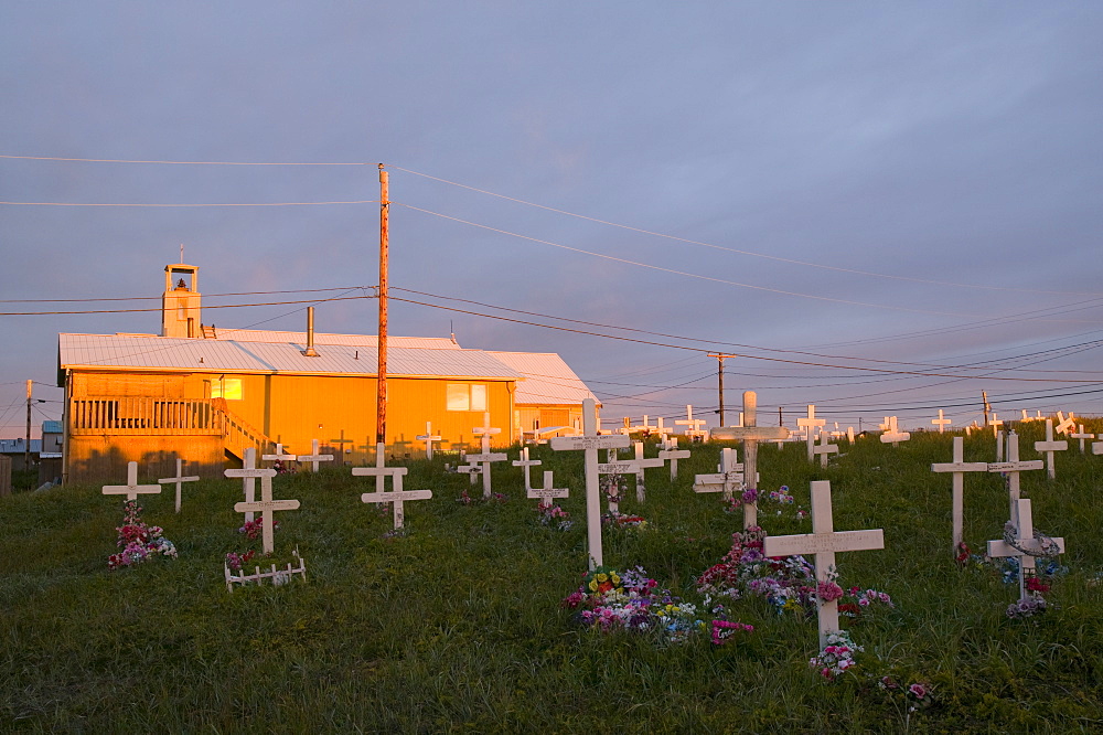 The cemetery on Shishmaref, a tiny island inhabited by around 600 Inuits, between Alaska and Siberia in the Chukchi Sea, United States of America, North America