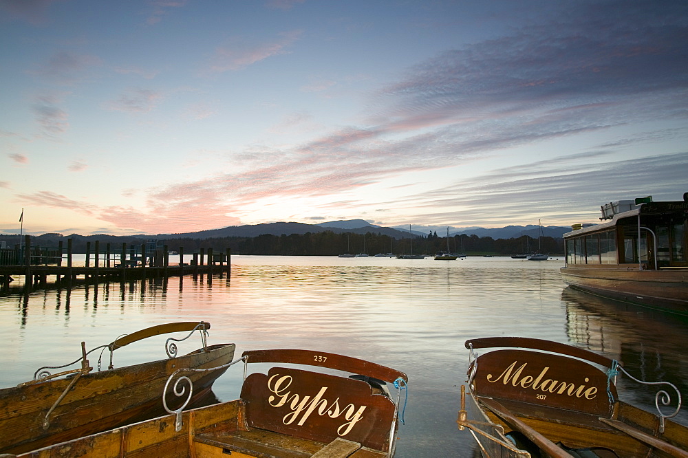 Rowing boats on Windermere at sunset, Cumbria, England, United Kingdom, Europe