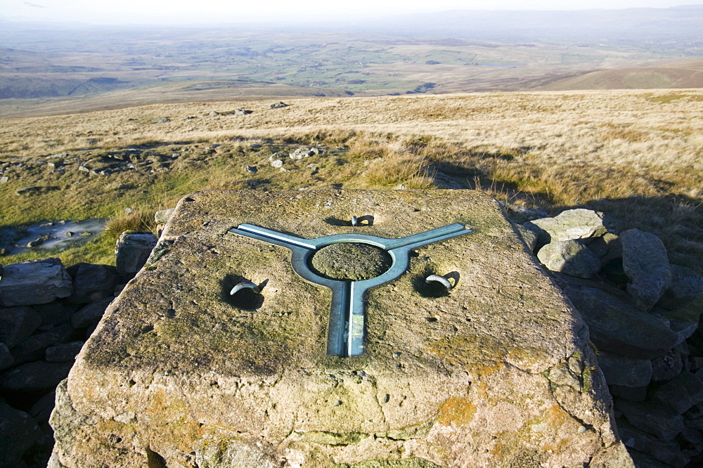 Trig point on Wild Boar Fell in the north Pennines, England, United Kingdom, Europe