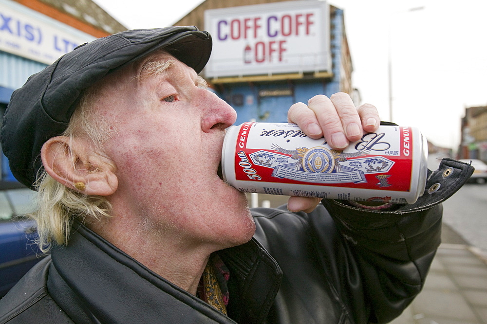 An alcoholic in the Kensington area of Liverpool, Merseyside, England, United Kingdom, Europe