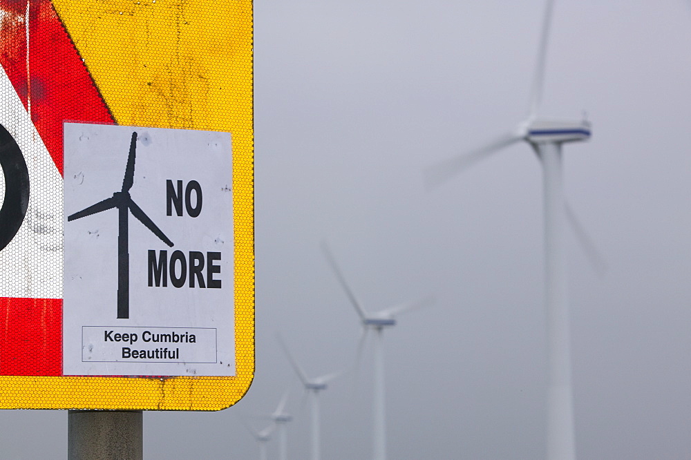 Protest sign at a wind farm in Workington, Cumbria, England, United Kingdom, Europe