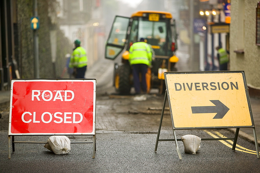 Road closed in Ambleside for resurfacing, Cumbria, England, United Kingdom, Europe