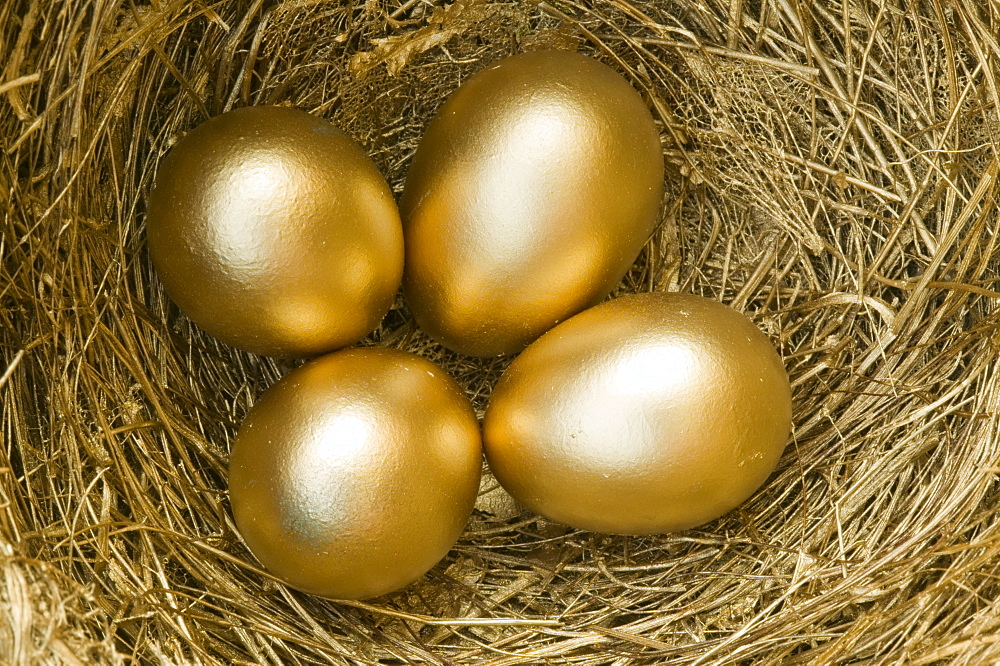 Four golden eggs in a nest 