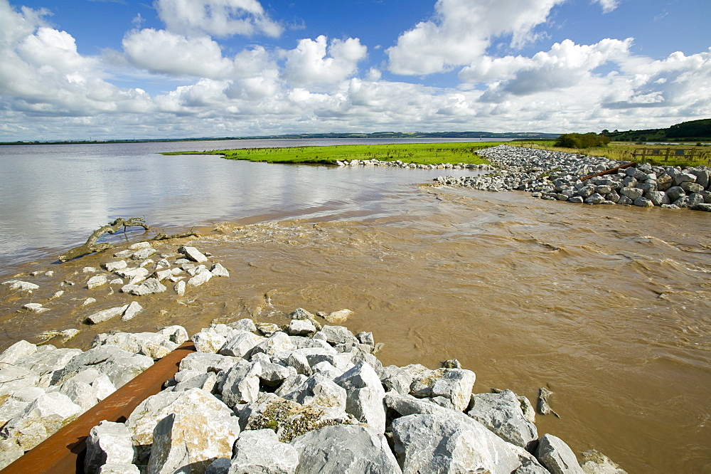 The Breach at Alkborough created in the sea defences to allow sea water to flood agricultural land and create a wetland for wildlife, Humber Estuary, Humberside, England, United Kingdom, Europe