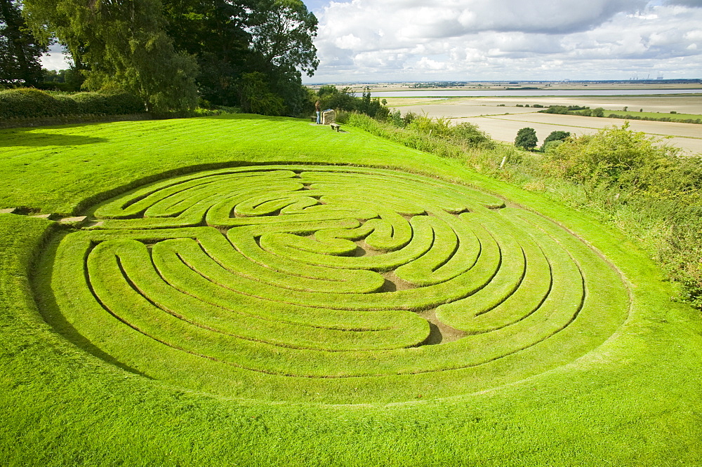 Julians Bower, an ancient maze near The Breach at Alkborough created in the sea defences to allow sea water to flood agricultural land and create a wetland for wildlife, Humber Estuary, Humberside, England, United Kingdom, Europe