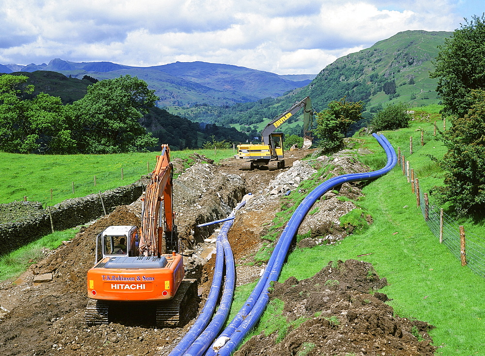 Laying a new water pipeline in the Lake District National Park, Cumbria, England, United Kingdom, Europe