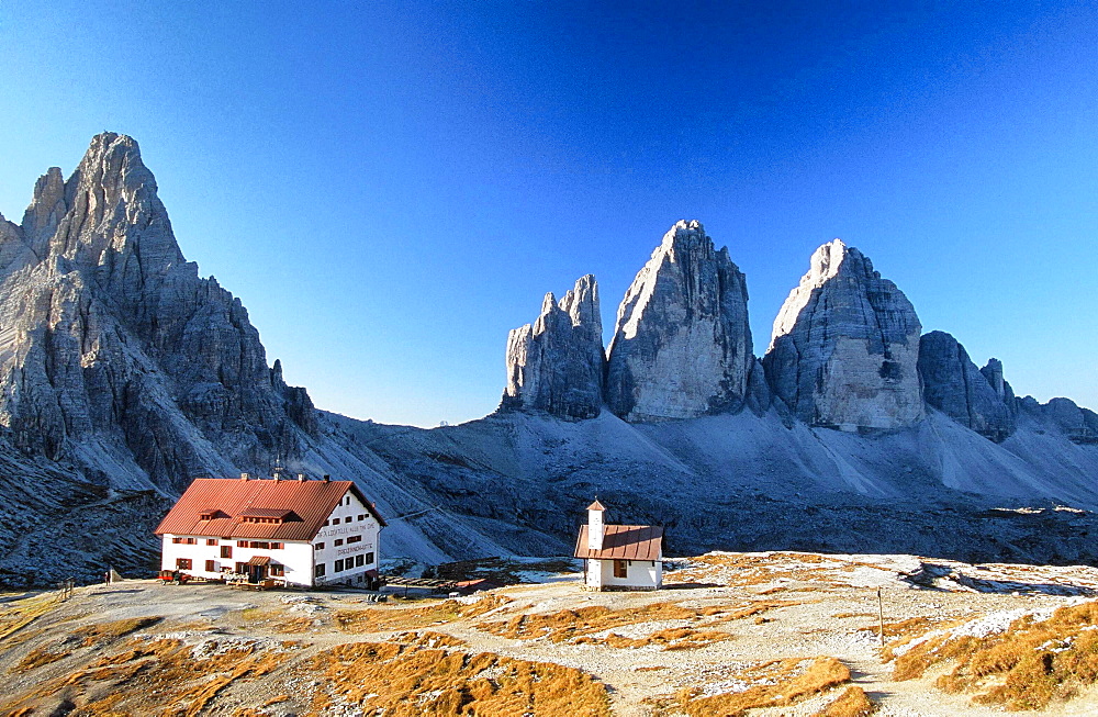 A mountain hut or refuge overlooking the Tre Cime in The Italian Dolomites, Italy, Europe