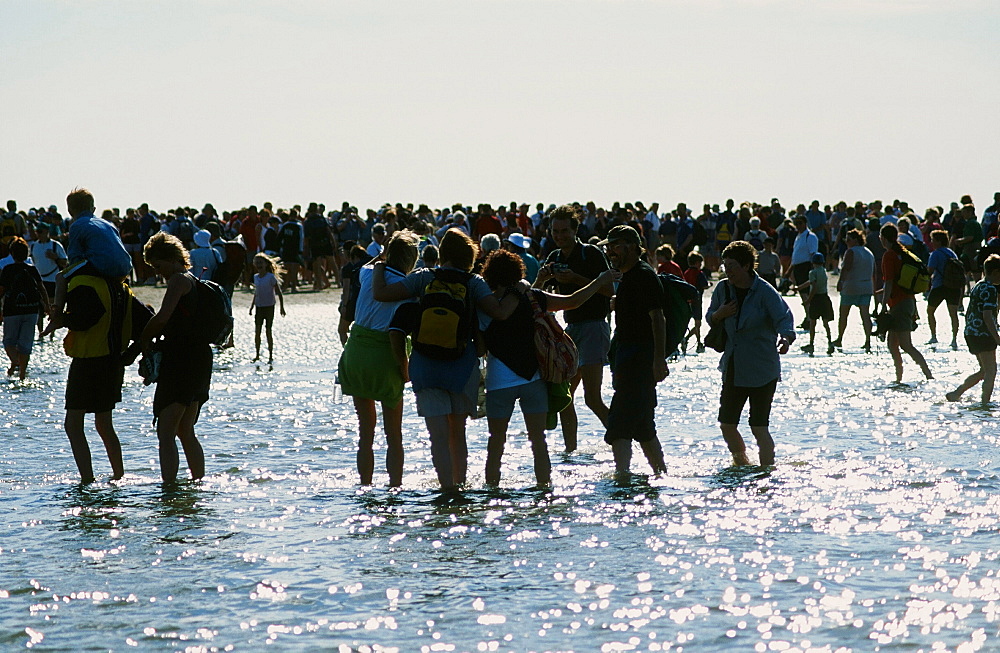 Walkers crossing Morecambe Bay at low tide with the Queens Guide Cedric Robinson in Lancashire, England, United Kingdom, Europe