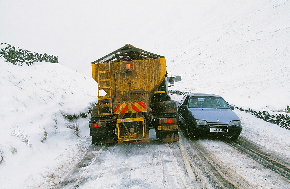 A snow plough on Kirkstone Pass in the Lake District, Cumbria, England, United Kingdom, Europe