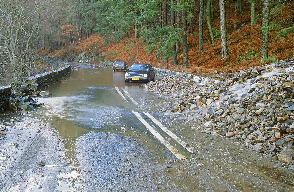 The A591 blocked by flood debris at Thirlmere in the Lake District, Cumbria, England, United Kingdom, Europe