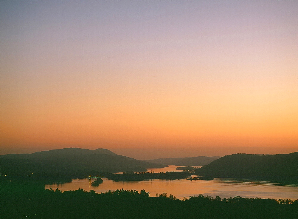 Lake Windermere at dusk in the Lake District National Park, Cumbria, England, United Kingdom, Europe