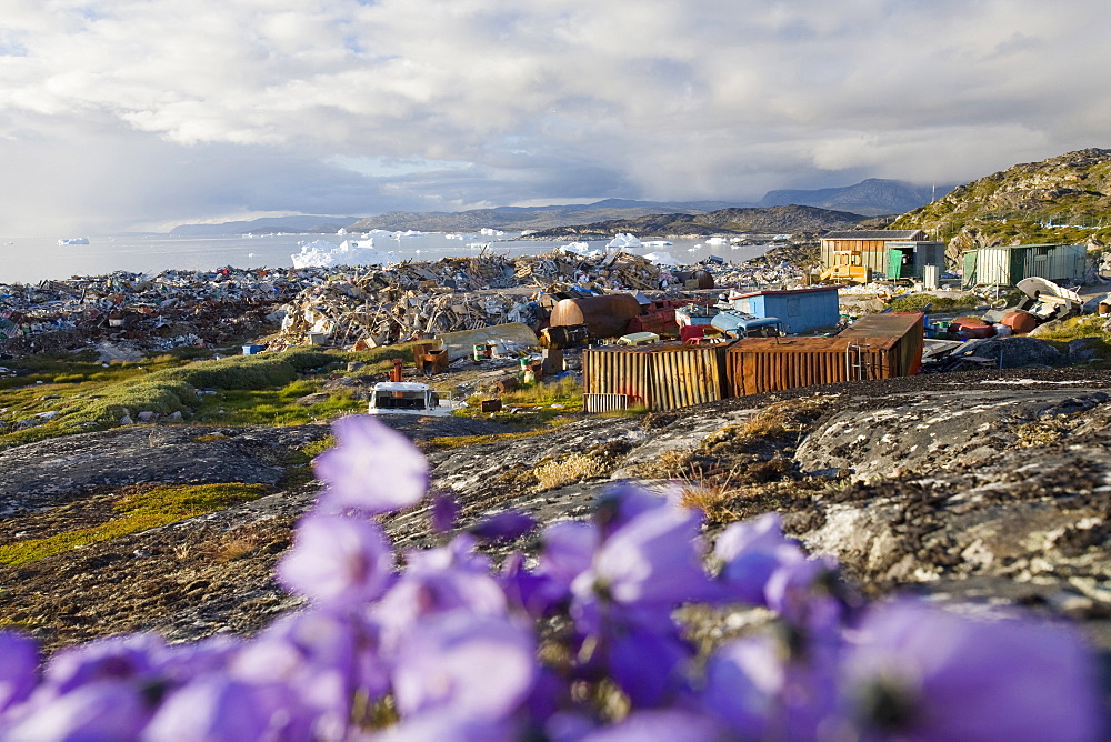 Rubbish dumped on the tundra outside Ilulissat, with icebergs behind from the Sermeq Kujalleq (Ilulissat Ice fjord), a UNESCO World Heritage Site, Greenland, Polar Regions