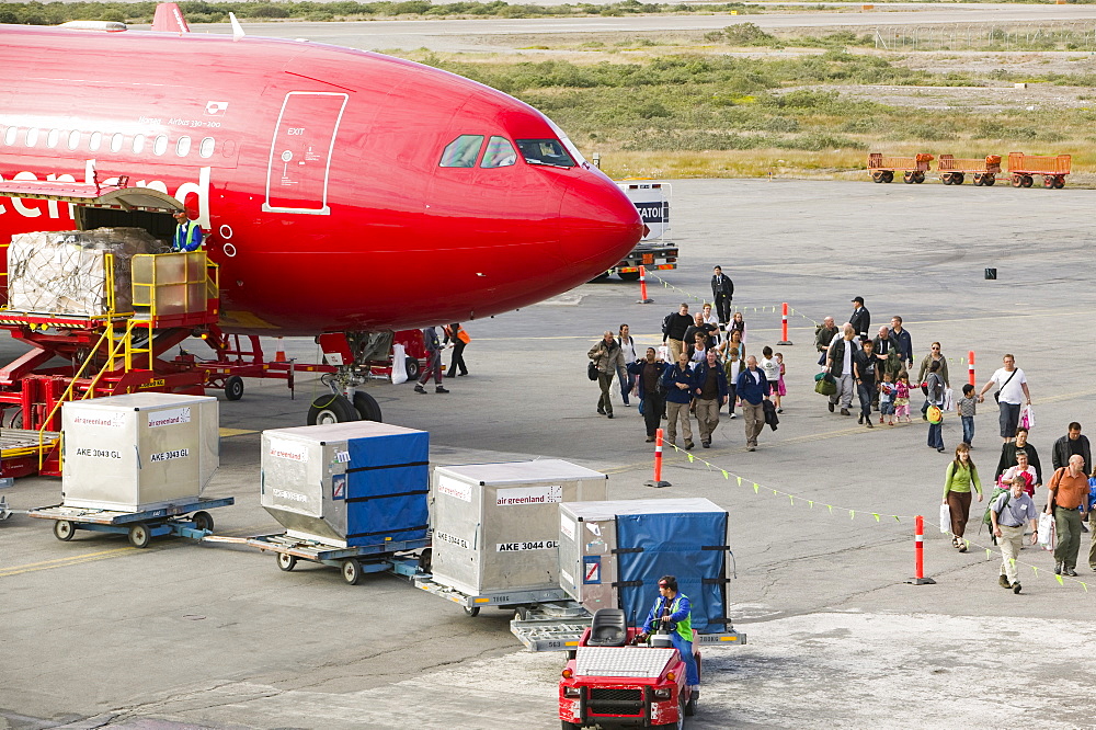 An Air Greenland flight at Kangerlussuaq airport bringing freight and tourists to Greenland, Polar Regions