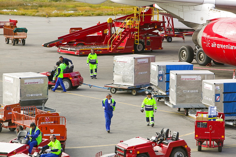 An Air Greenland flight at Kangerlussuaq airport bringing freight and tourists to Greenland, Polar Regions