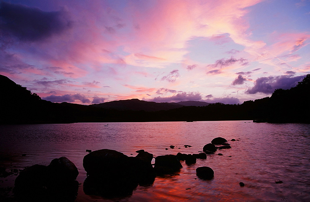 Sunset over Rydal Water in the Lake District National Park, Cumbria, England, United Kingdom, Europe