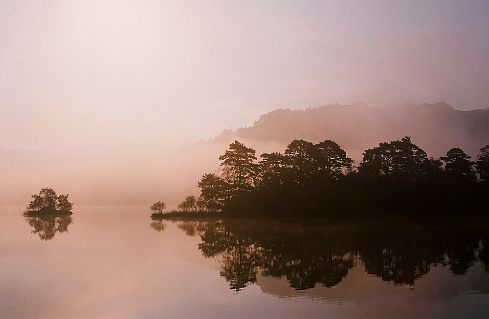 Rydal Water in autumn mist in the Lake District National Park, Cumbria, England, United Kingdom, Europe