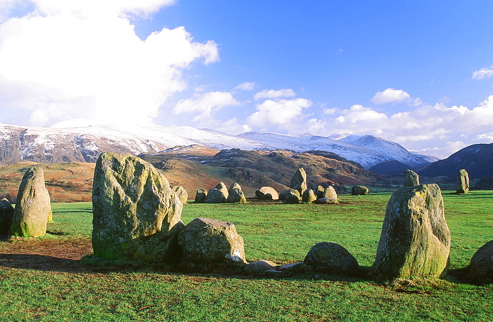 Castlerigg Stone circle and the Helvellyn Range in the Lake District National Park, Cumbria, England, United Kingdom, Europe