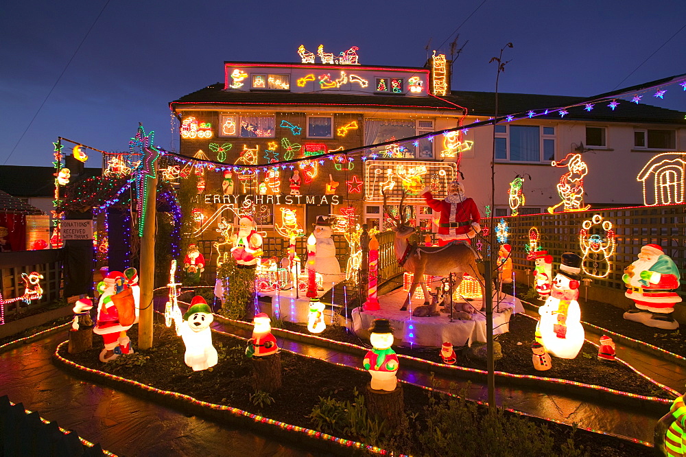 Christmas decorations on a house in Clitheroe, Lancashire, England, United Kingdom, Europe