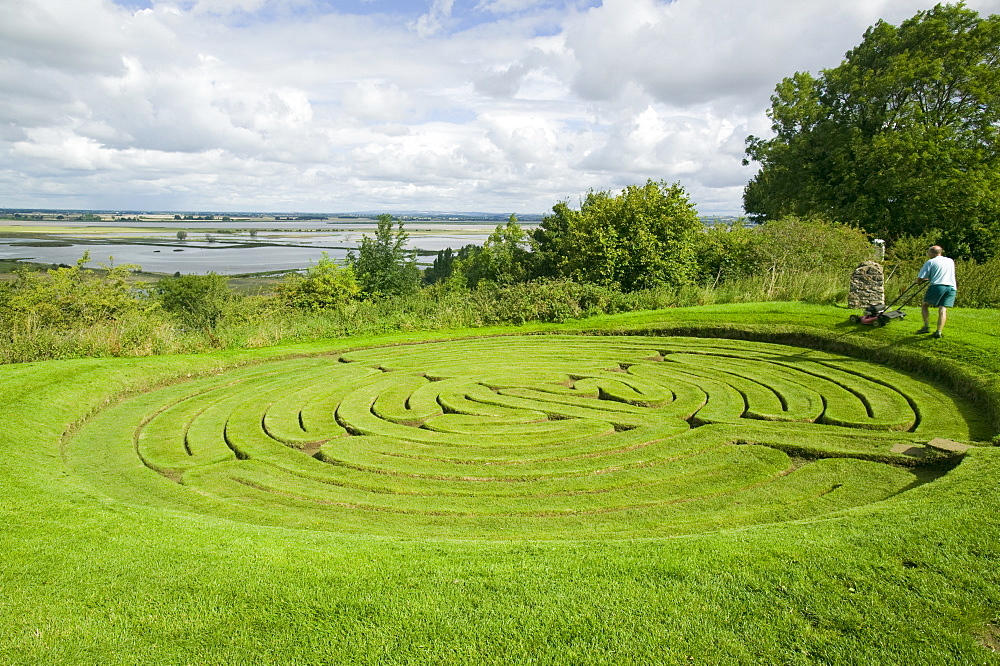 Julians Bower, an ancient maze near The Breach at Alkborough created in the sea defences to allow sea water to flood agricultural land and create a wetland for wildlife, Humber Estuary, Humberside, England, United Kingdom, Europe