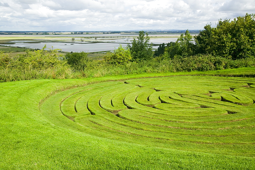 Julians Bower, an ancient maze near The Breach at Alkborough created in the sea defences to allow sea water to flood agricultural land and create a wetland for wildlife, Humber Estuary, Humberside, England, United Kingdom, Europe