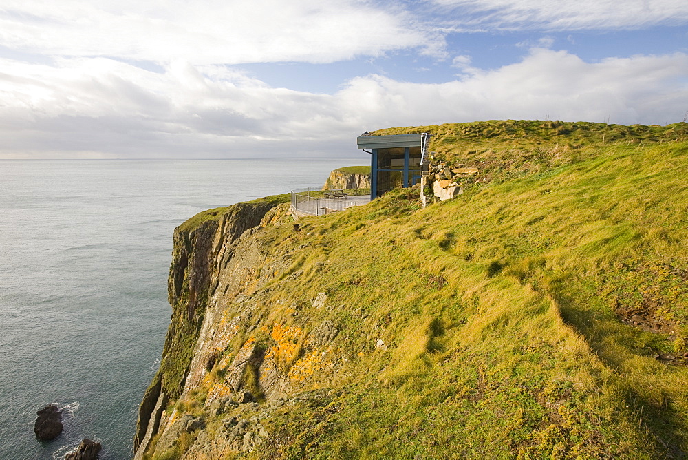 The Gallie Craig Tea room and cafe, a turf roofed building on Scotland's most southerly point, on the Mull of Galloway Scotland, United Kingdom, Europe