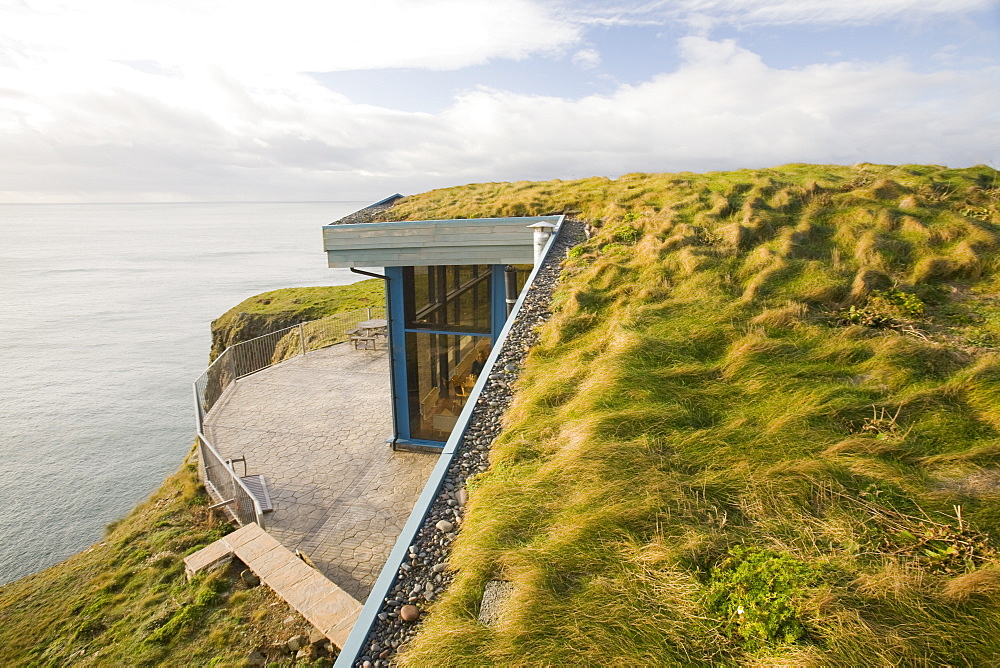 The Gallie Craig Tea room and cafe, a turf roofed building on Scotland's most southerly point, on the Mull of Galloway Scotland, United Kingdom, Europe