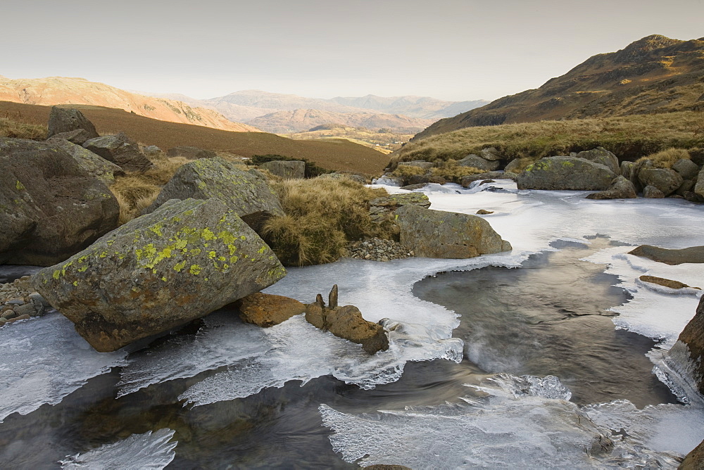 Ice on Greenburn Beck in the Lake District during a cold snap, Cumbria, England, United Kingdom, Europe