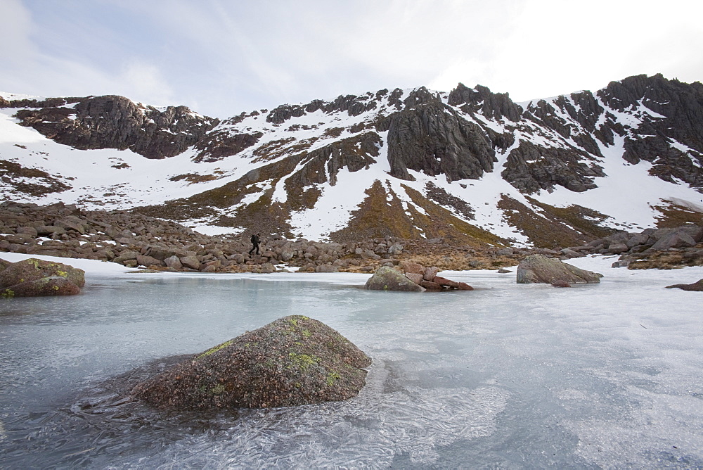 A frozen lochan in Corrie an Lochain in the Cairngorm mountains, Scotland, United Kingdom, Europe