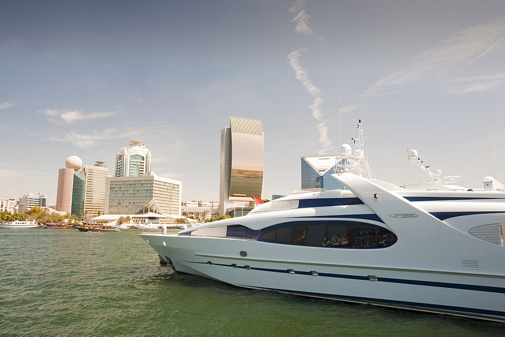 Luxury yacht on Dubai Creek in Dubai, United Arab Emirates, Middle East