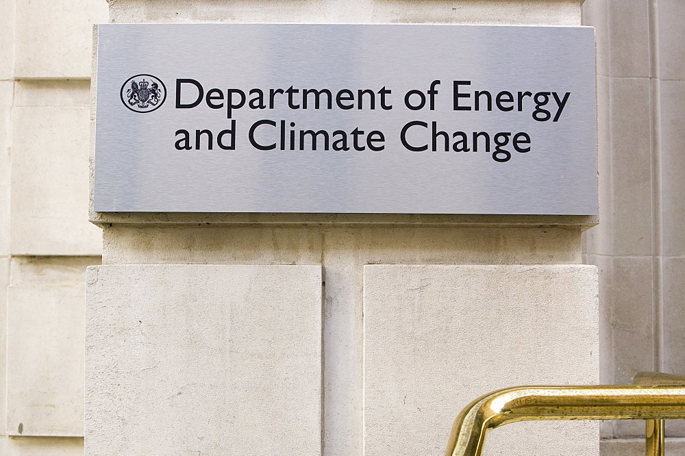 A sign outside the Department of Energy and Climate change in Whitehall, London, England, United Kingdom, Europe