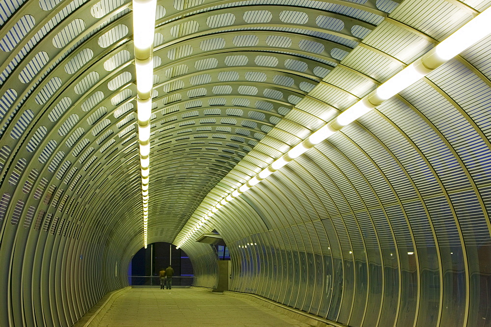 A tunnel flyover walkway at Canary Wharf, Docklands, London, England, United Kingdom, Europe