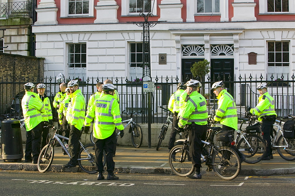 Police cyclists policing at a climate change rally in London December 2008, London, England, United Kingdom, Europe