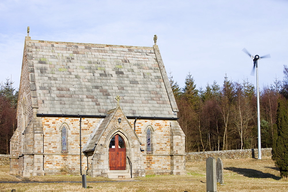 A church powered by a wind turbine at Stocks Reservoir in the Forest of Bowland, Lancashire, England, United Kingdom, Europe