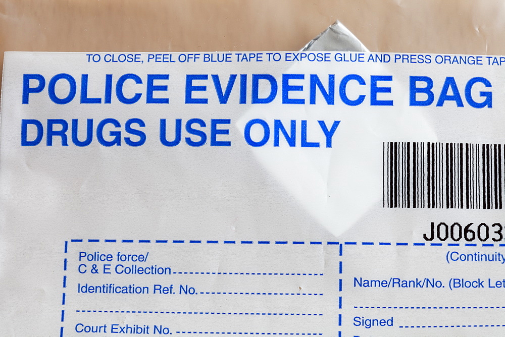 Police evidence bags for illegal drugs, United Kingdom, Europe