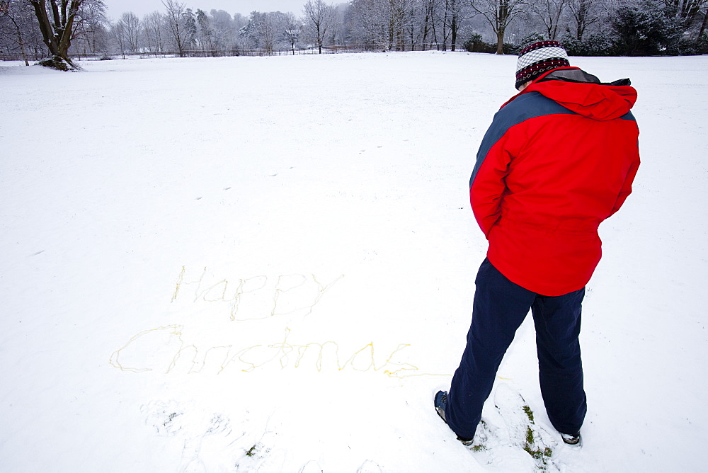 Happy Christmas written in the snow by a man weeing