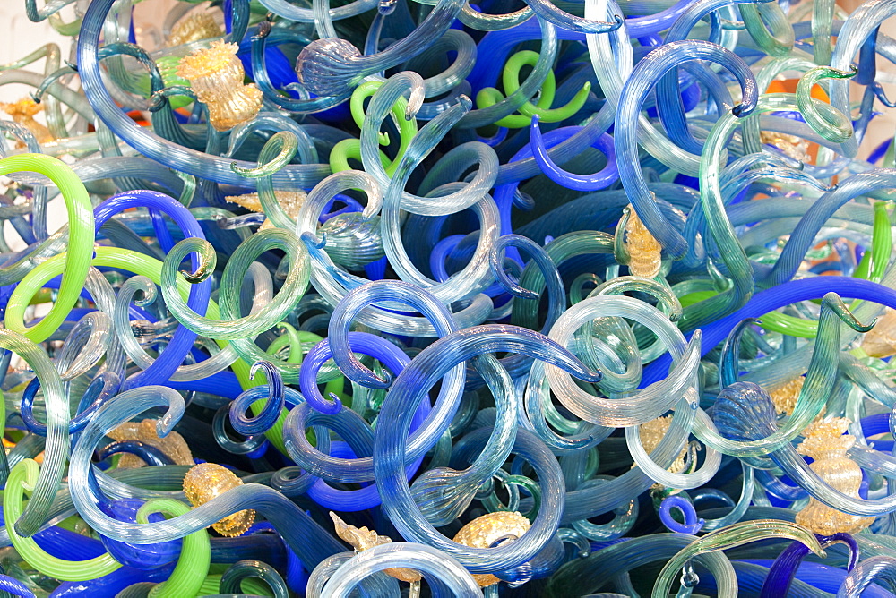 A massive glass art installation in the foyer of the hyper luxurious Atlantis on the Palm hotel in Dubai, United Arab Emirates, Middle East