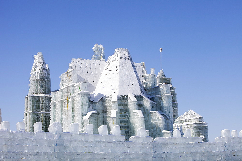 An ice palace built with blocks of ice from the Songhue river in Harbin, Heilongjiang Province, Northern China, Asia