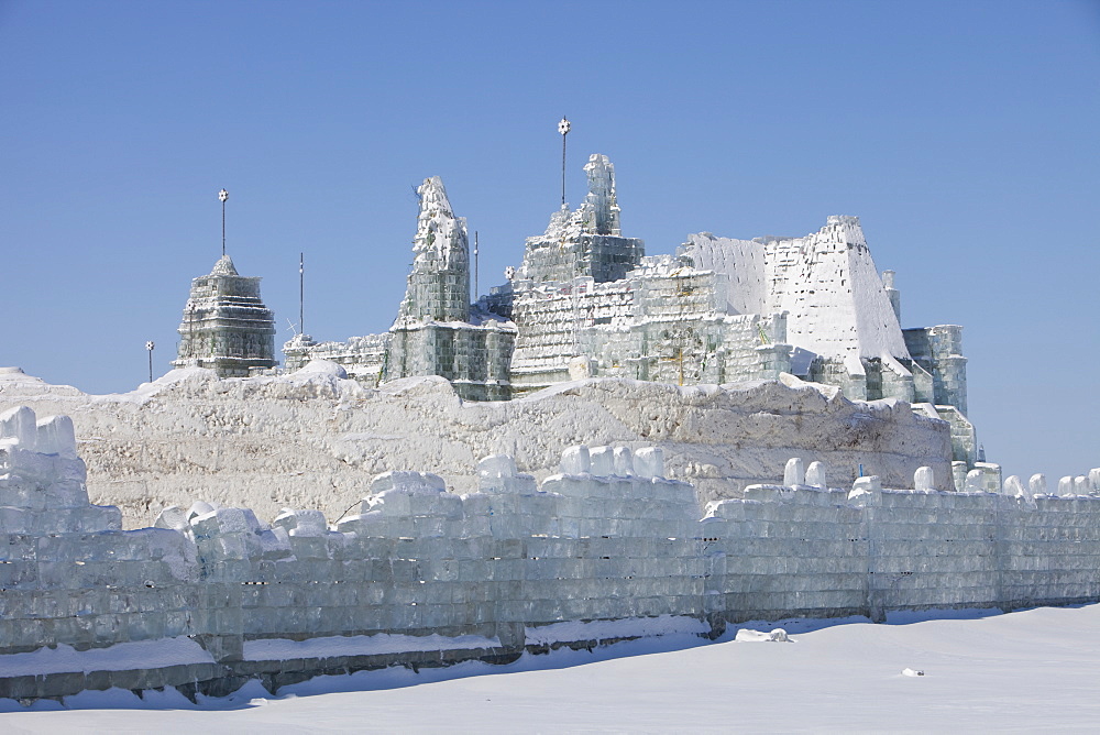 An ice palace built with blocks of ice from the Songhue river in Harbin, Heilongjiang Province, Northern China, Asia