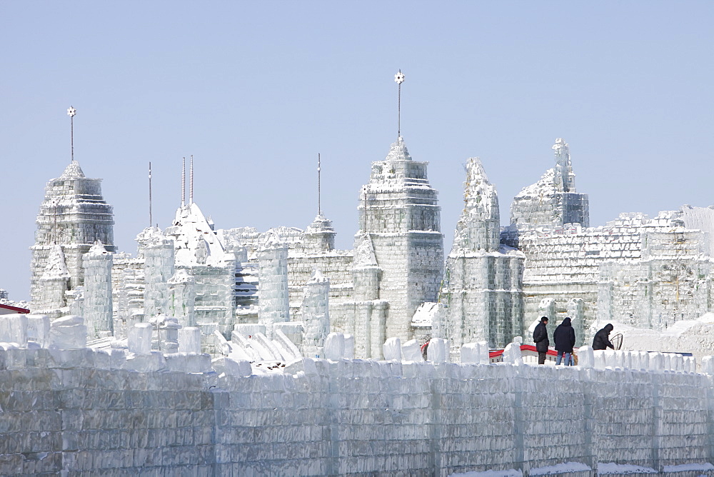 An ice palace built with blocks of ice from the Songhue river in Harbin, Heilongjiang Province, Northern China, Asia