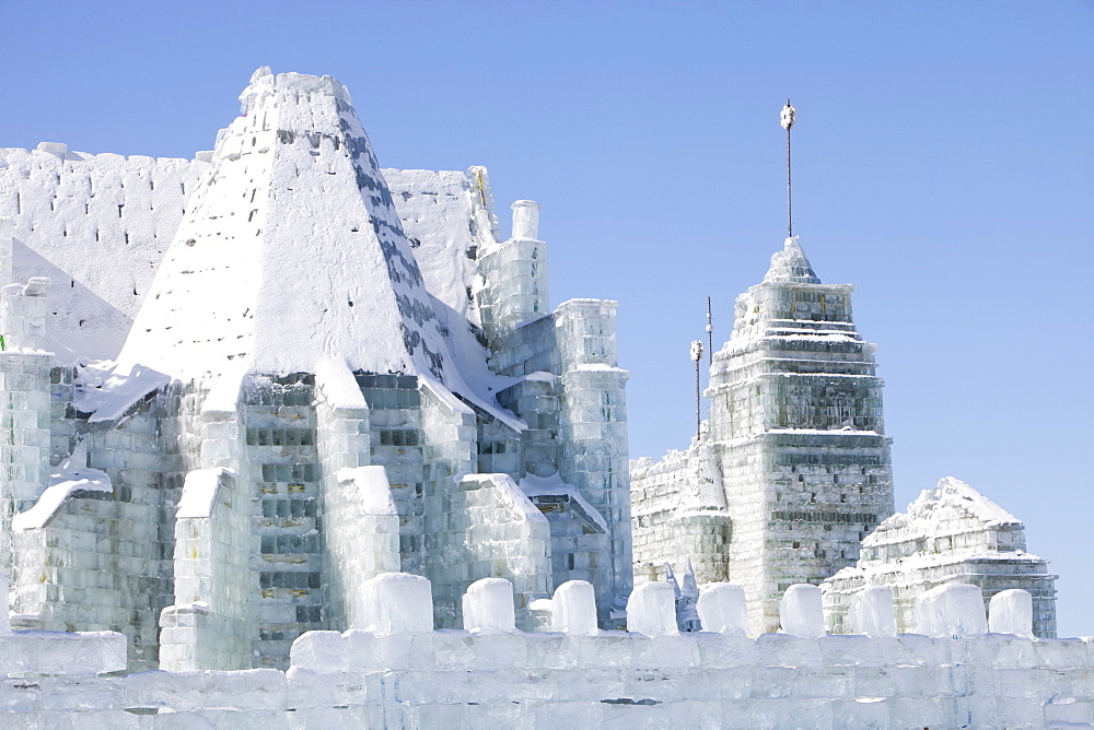 An ice palace built with blocks of ice from the Songhue river in Harbin, Heilongjiang Province, Northern China, Asia