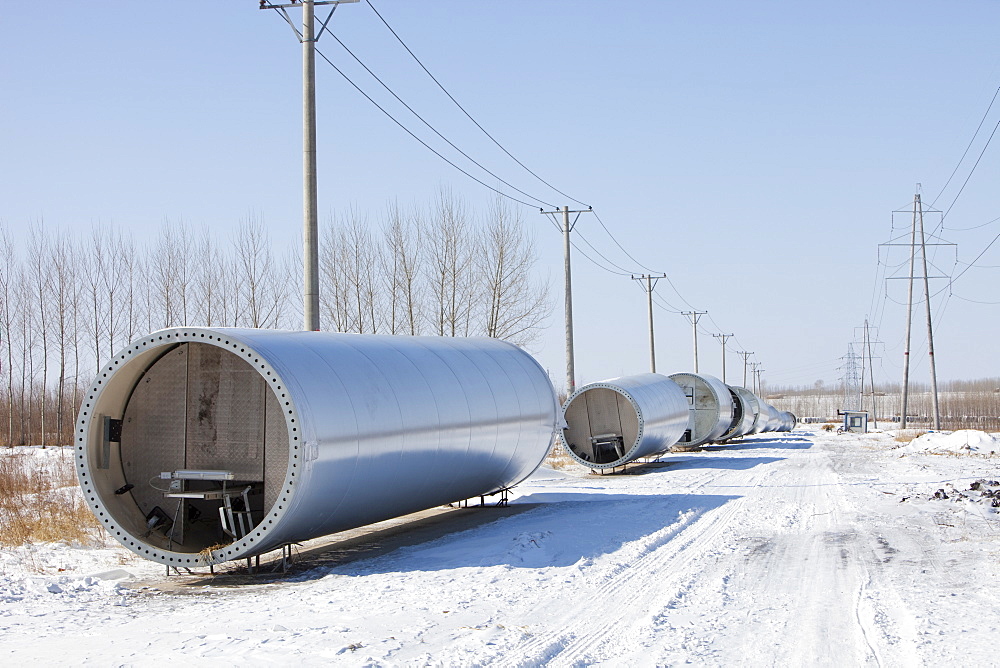 Wind turbines manufactured by a factory in Suihua city in Heilongjiang Province, Northern China, Asia