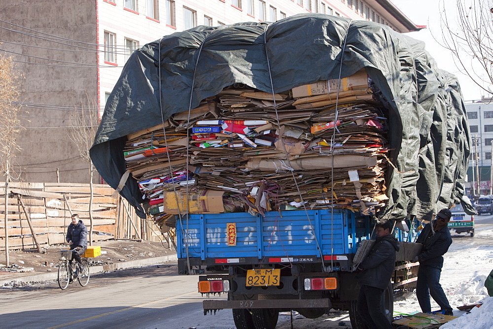 Cardboard being sent for recycling in Suihua city in Heilongjiang Province in northern China, Asia