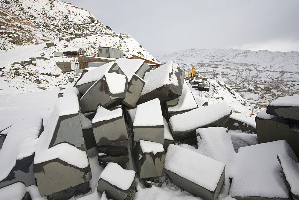 Snow at Kirkstone slate quarry in the Lake District, Cumbria, England, United Kingdom, Europe