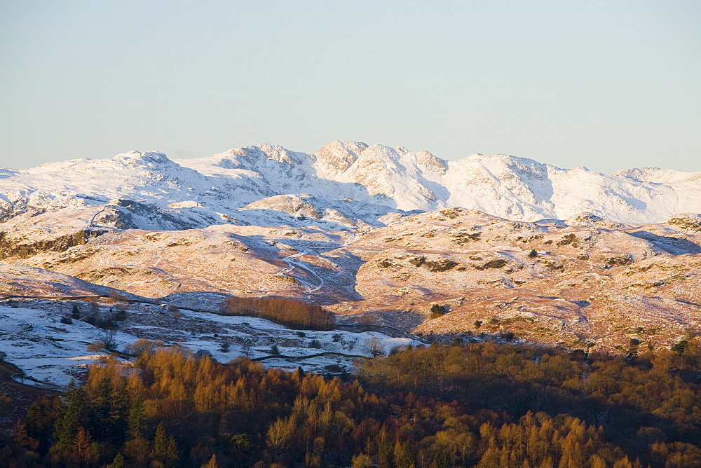 Sunrise over Crinkle Crags and Bowfell near Ambleside in the Lake District National Park, Cumbria, England, Great Britain, United Kingdom, Europe