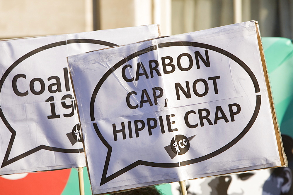 Protest banners at a climate change rally in London in December 2008, England, United Kingdom, Europe