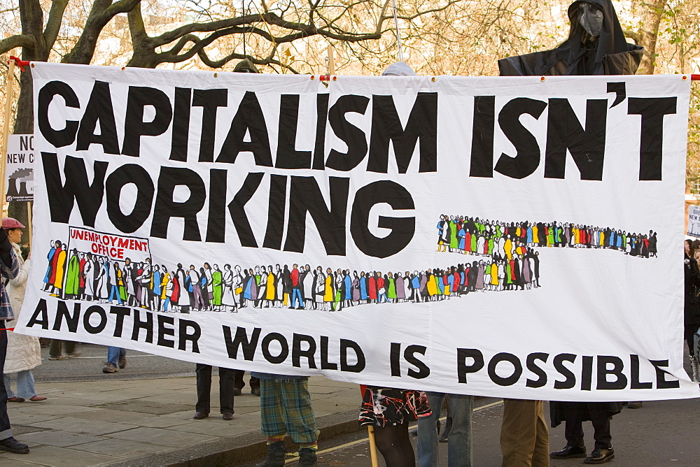 Protest banners at a climate change rally in London in December 2008, England, United Kingdom, Europe