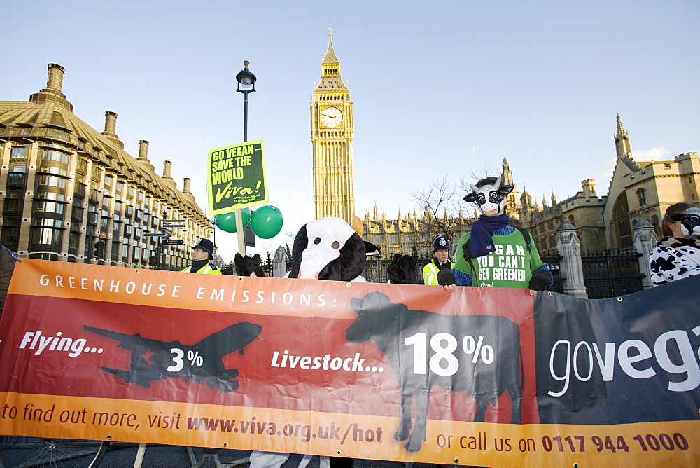 Protestors at a climate change rally in Parliament Square London in December 2008 with Big Ben behind, London, England, United Kingdom, Europe