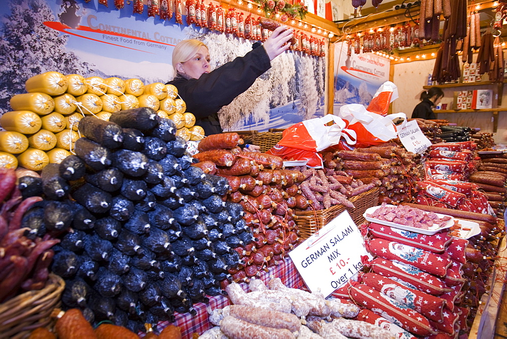 German sausages on a stall at the Christmas market outside Manchester Town Hall in Manchester, England, United Kingdom, Europe